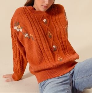 So Me Orange Floral Cable Knit Sweater